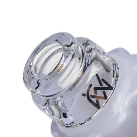 Close-up of MJ Arsenal Specter Pivot glass attachment clear base showing device opening and MJ logo