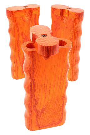 Large orange wood dugout with double finger grips and swivel lid, two chambers for herb and taster; 4″ size, bat not included.