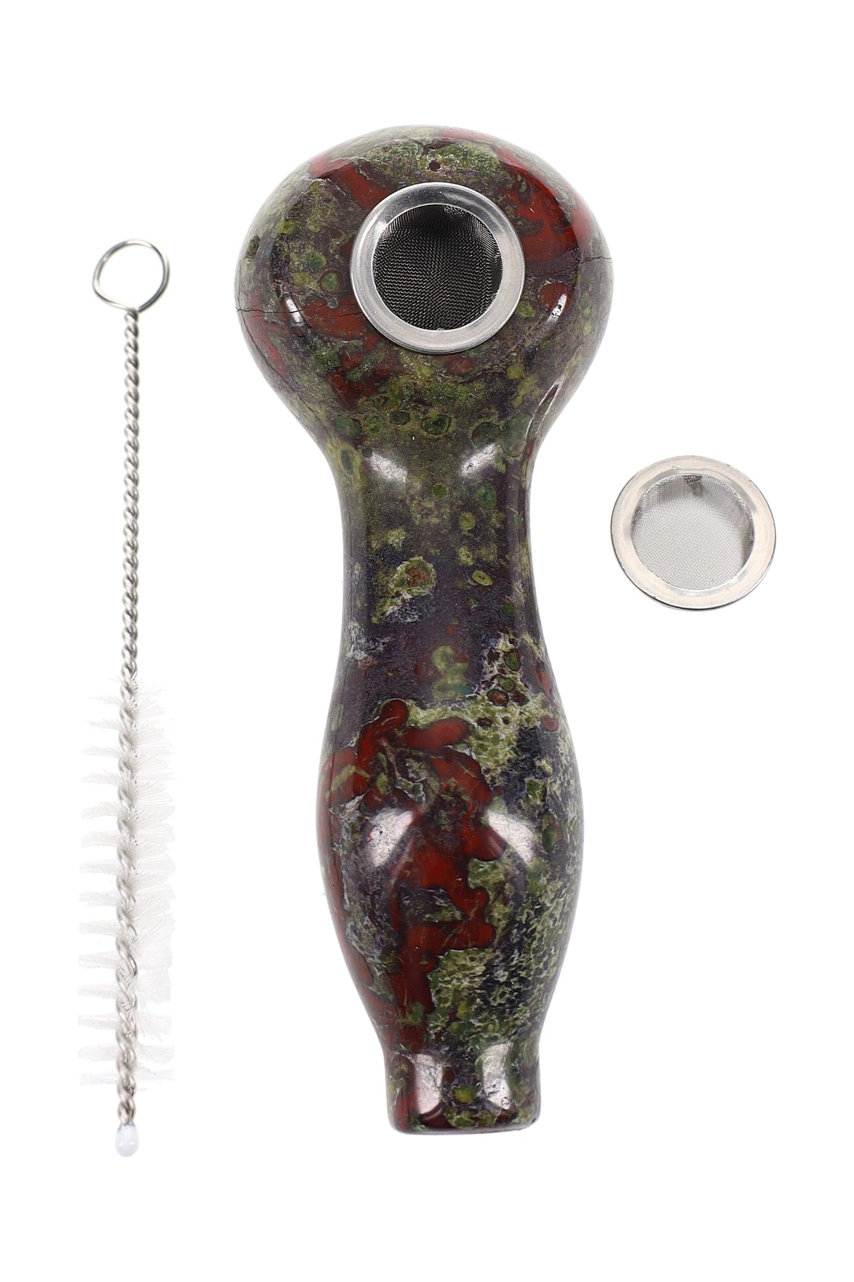 3.5-inch polished gemstone spoon hand pipe with two mesh screens and cleaning brush, shown in selectable stones like amethyst, obsidian, rose quartz, and tiger’s eye.