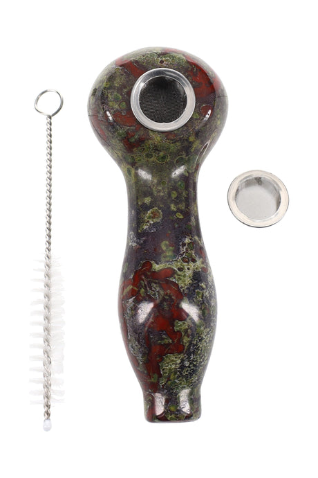 3.5-inch polished gemstone spoon hand pipe with two mesh screens and cleaning brush, shown in selectable stones like amethyst, obsidian, rose quartz, and tiger’s eye.