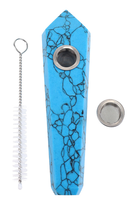 4-inch faceted gemstone hand pipe with two mesh screens and cleaning brush; choose-your-stone options.