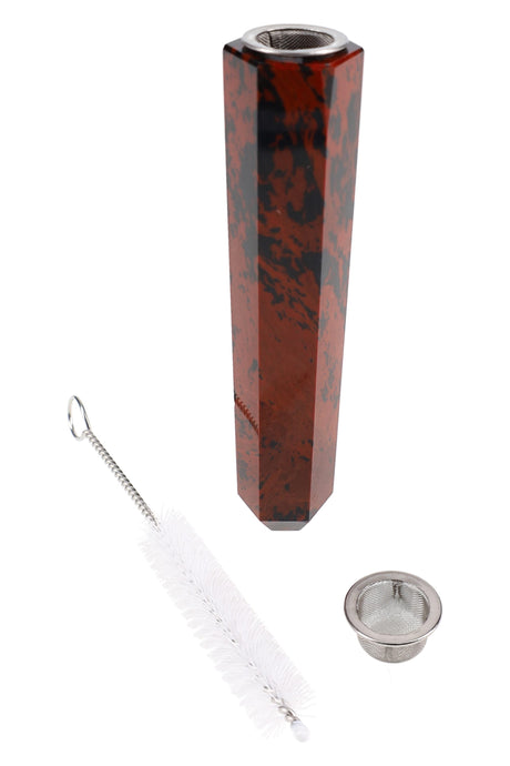 3.75-inch gemstone tower one-hitter carved from natural stone with removable mesh screen and cleaning brush, shown in options like amethyst, obsidian, and tiger’s eye.