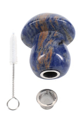 Palm-size 2-inch gemstone mushroom hand pipe with natural stone options like rose quartz, opalite, obsidian, and turquoise; includes mesh screens and cleaning brush.