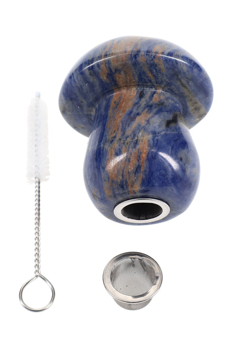 Palm-size 2-inch gemstone mushroom hand pipe with natural stone options like rose quartz, opalite, obsidian, and turquoise; includes mesh screens and cleaning brush.