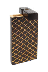 Single burned wood dugout with criss-cross carving, open lid showing herb chamber, compact 4″ size
