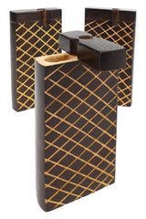Burned wood dugout box with diamond lattice carving, swivel lid open, assorted 4″ pocket stash case