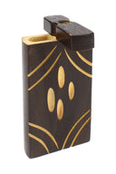 Single burned wood dugout with curved slash-line carving pattern, lid open and chamber visible up top