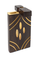 Single burned wood dugout with curved slash-line carving pattern, lid open and chamber visible up top