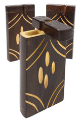 Burned wood dugout assortment with slash “leaf” line carving, lids open, compact 4″ stash cases