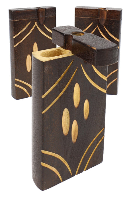Burned wood dugout assortment with slash “leaf” line carving, lids open, compact 4″ stash cases