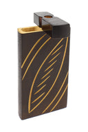 Single dark burned wood dugout with oval leaf carvings, swivel lid open, smooth rounded pocket edges