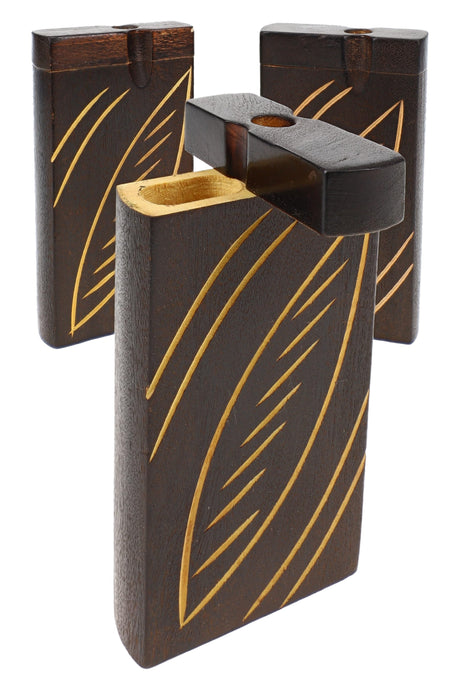 Burned wood dugout set with carved oval “leaf” accents, lids open, dark finish with light engraving