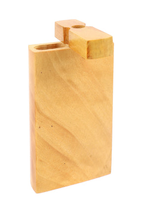 Light wood dugout with flip-top lid open, showing rectangular storage chamber and round top port for bat