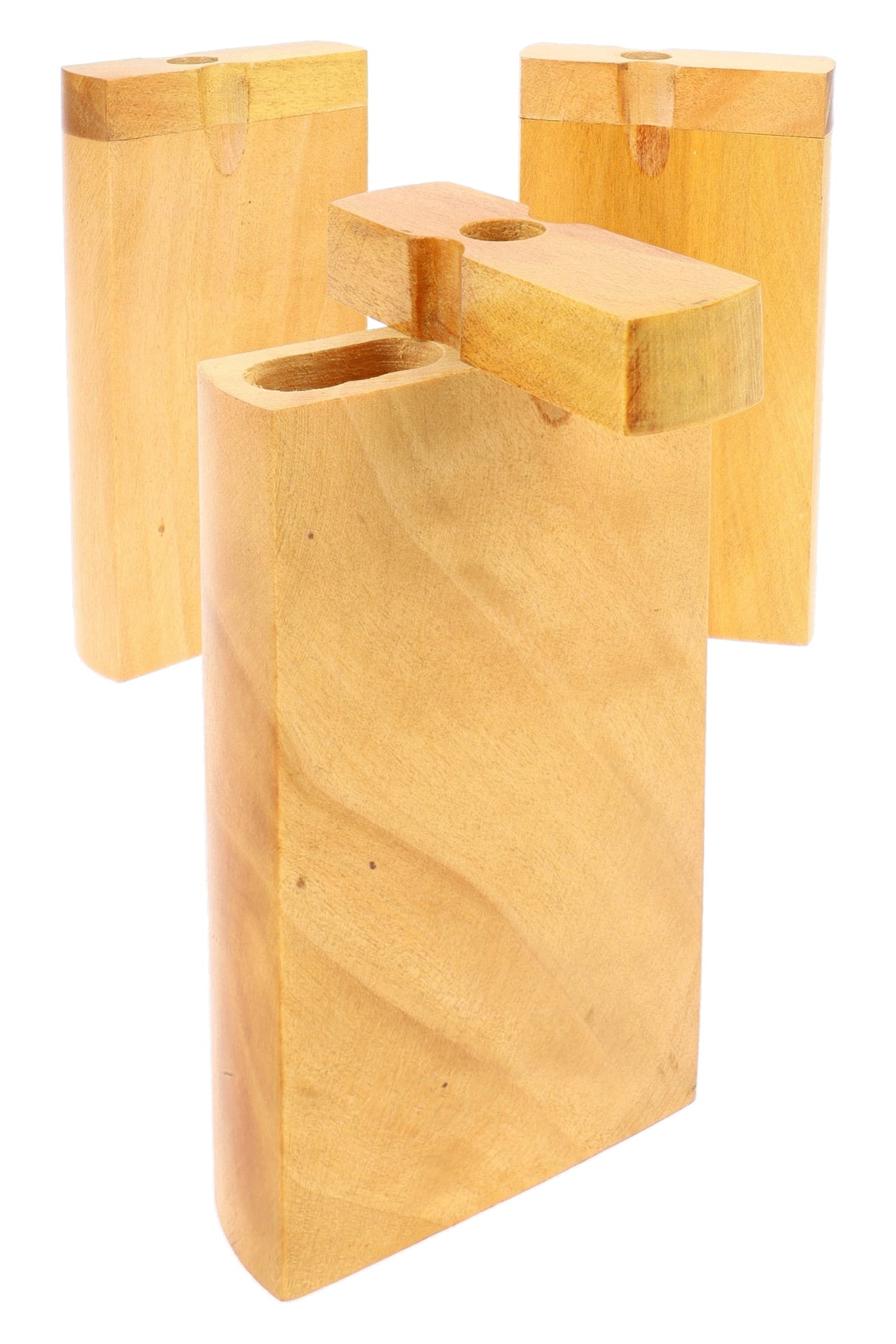 Group of light wood dugouts with open lids, smooth pale grain finish and compact 4″ rectangular carry size