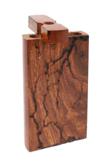 Dark teak-style dugout with shocked grain design, lid open angled view with chamber visible at top