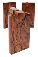 Dark wood dugout set with shocked grain pattern, three pieces with lids open, teak finish look