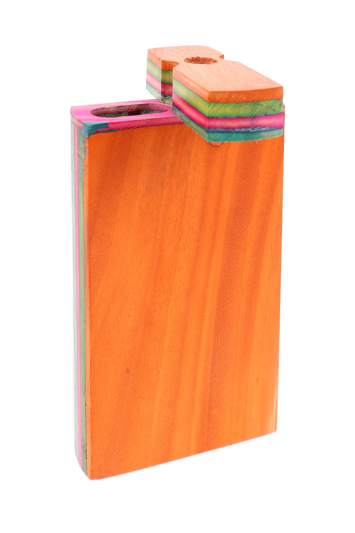 Multicolor layered wood dugout in orange with rainbow edge stripes, swivel lid open, 4″ pocket case