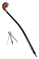6″ wood-grain smoking pipe with silver-rim bowl and long black curved stem, includes metal poker tool