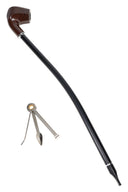 16″ classic wood pipe with dark square bowl and textured top, long black stem, plus metal poker tool
