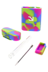 Eyce Solo silicone pipe kit with glass taster, steel poker, and storage compartment shown in exploded view
