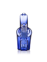 Blue GRAV Wedge glass bubbler front view with clear cup bowl, branded chamber, and compact upright stance