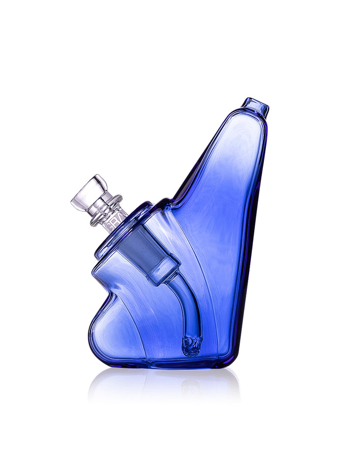Blue GRAV Wedge glass bubbler side view with angular profile, clear 14 mm bowl, and raised mouthpiece