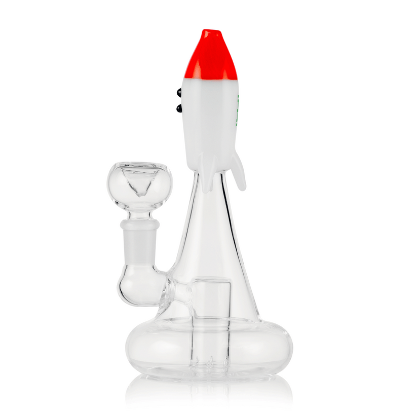 Side view of Hemper Blast Off Rocket 7.5-inch glass water pipe with rocket-shaped mouthpiece, stemless joint and round base.