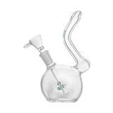 Clear 7″ Hemper Flavor Saver glass bubbler with bent neck and green marble accents, shown in side profile on white.
