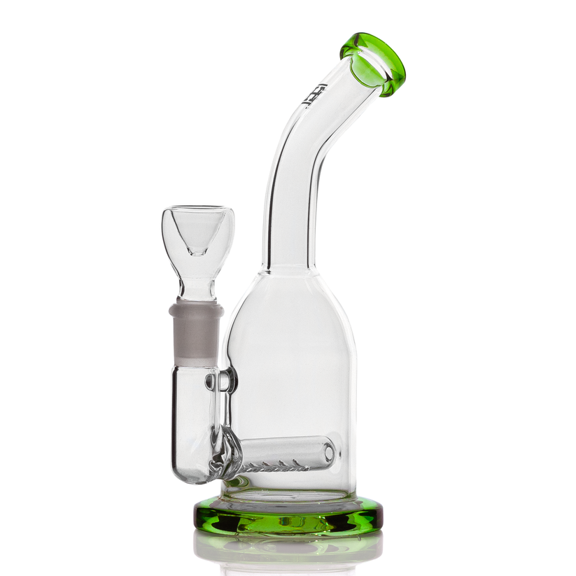 Side profile of Hemper Whistler 6½ inch glass bong with green base, inline perc and compact water chamber on white backdrop.