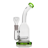 Side profile of Hemper Whistler 6½ inch glass bong with green base, inline perc and compact water chamber on white backdrop.