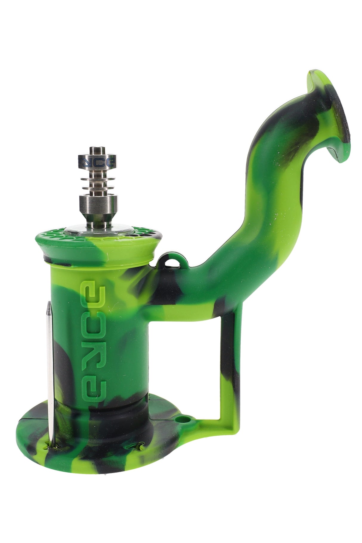 EYCE silicone dab rig with metal nail on top, green and black camo body with flared mouthpiece