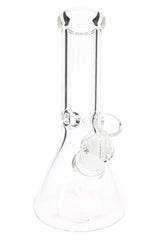 Clear 10-inch glass beaker bong with 9 mm thick walls and ice pinch, front product view for dry herb use