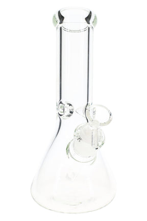 Clear 10-inch glass beaker bong with 9 mm thick walls and ice pinch, front product view for dry herb use