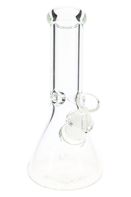 Clear 10-inch glass beaker bong with 9 mm thick walls and ice pinch, front product view for dry herb use