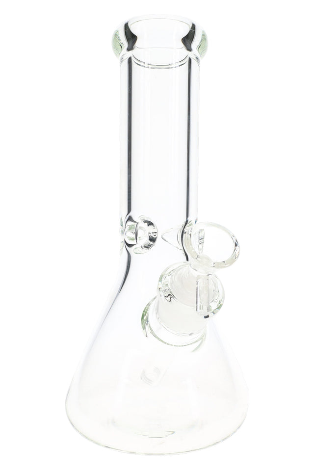 Clear 10-inch glass beaker bong with 9 mm thick walls and ice pinch, front product view for dry herb use