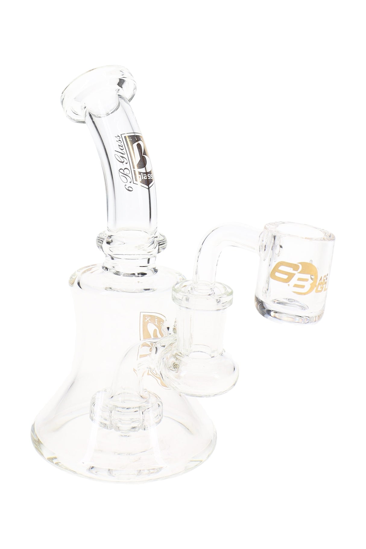 Clear 5.5″ stemless dab rig with beaker base, showerhead perc, angled 14.5 mm attachment, and compact shape