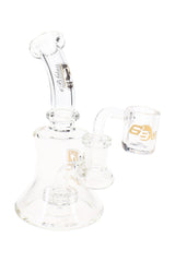 Clear 5.5″ stemless dab rig with beaker base, showerhead perc, angled 14.5 mm attachment, and compact shape