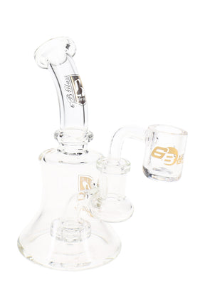 Clear 5.5″ stemless dab rig with beaker base, showerhead perc, angled 14.5 mm attachment, and compact shape