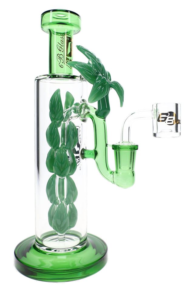 6B Glass leaf vine dab rig with dimensional green foliage, 14.5 mm joint, clear chamber and glass banger