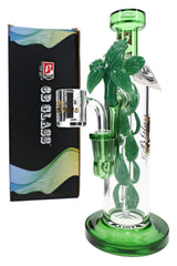 6B Glass 10″ leaf vine dab rig with green sculpted foliage, character perc, clear chamber and wide base