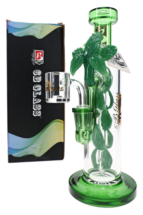 6B Glass 10″ leaf vine dab rig with green sculpted foliage, character perc, clear chamber and wide base