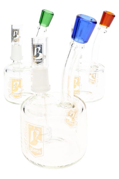 Assorted 6B Glass mini dab rig pieces with clear puck chambers and colorful mouthpiece accents