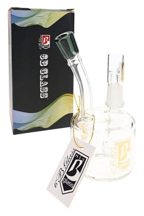 6B Glass mini stemless dab rig with green mouthpiece accent, puck chamber, tag, and gift box
