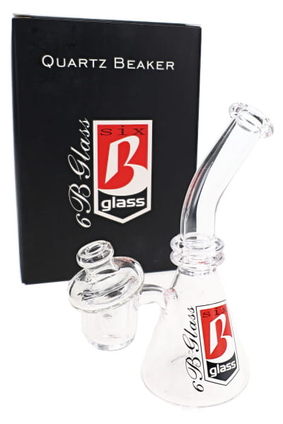 Boxed 6B Glass mini quartz dab rig with bent neck, attached banger, carb cap, and front logo