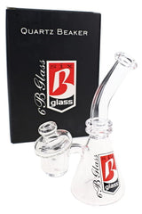 Boxed 6B Glass mini quartz dab rig with bent neck, attached banger, carb cap, and front logo