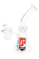 6B Glass mini dab rig with clear conical base, bent neck, attached quartz banger, and carb cap