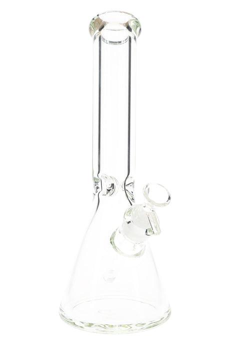 Clear 13″ beaker glass bong with 9 mm thick walls, flared mouthpiece, and glass herb slide on an angled joint.