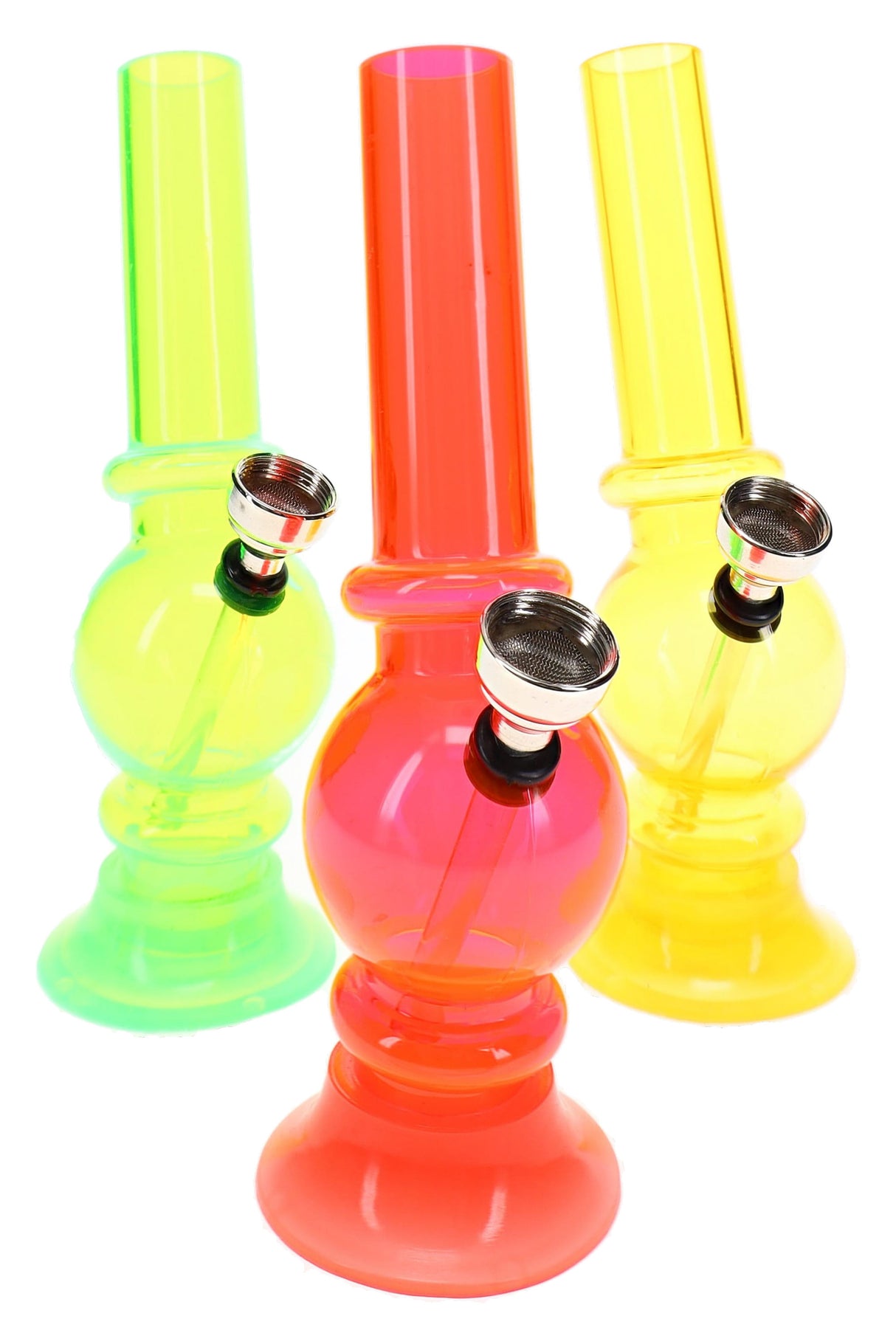 Assorted colorful acrylic bongs in neon green, orange, and yellow with compact 6 inch bodies
