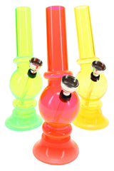 Assorted colorful acrylic bongs in neon green, orange, and yellow with compact 6 inch bodies