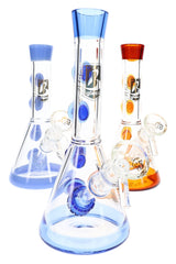 Assorted 7.5″ glass bongs with blue and amber accents, double showerhead percs, and clear 14.5 mm bowls